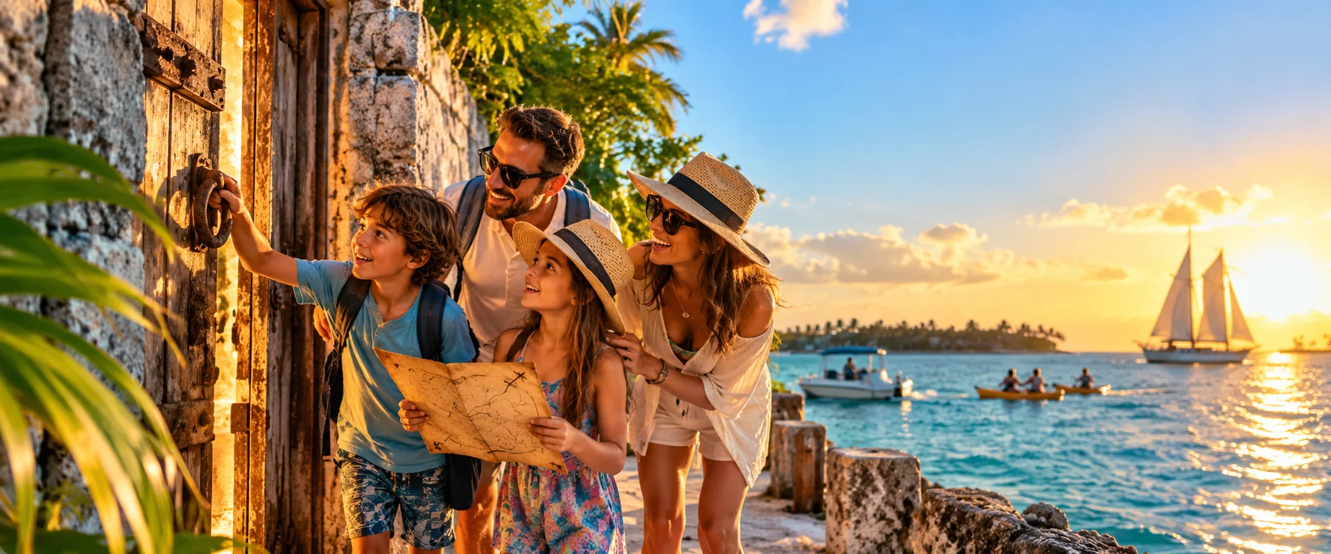 Family discovering a mysterious Key West doorway with a treasure map