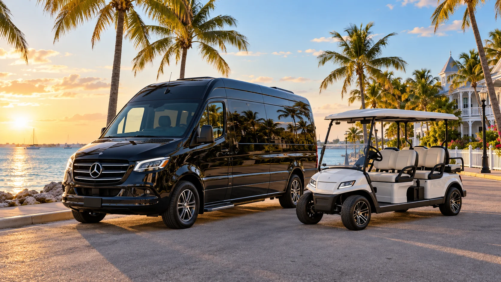 Mercedes Sprinter passenger van and a golf cart by the Key West waterfront